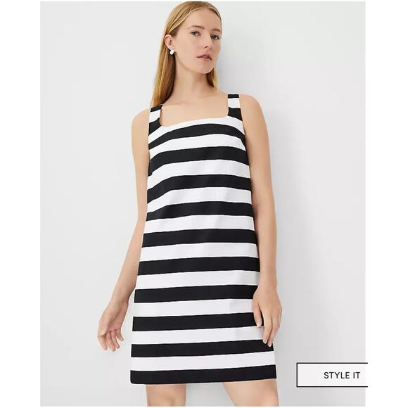 NWT Ann Taylor Square Neck Sleeveless Shift Dress Black White Linen Mini Size 10 - Picture 1 of 7